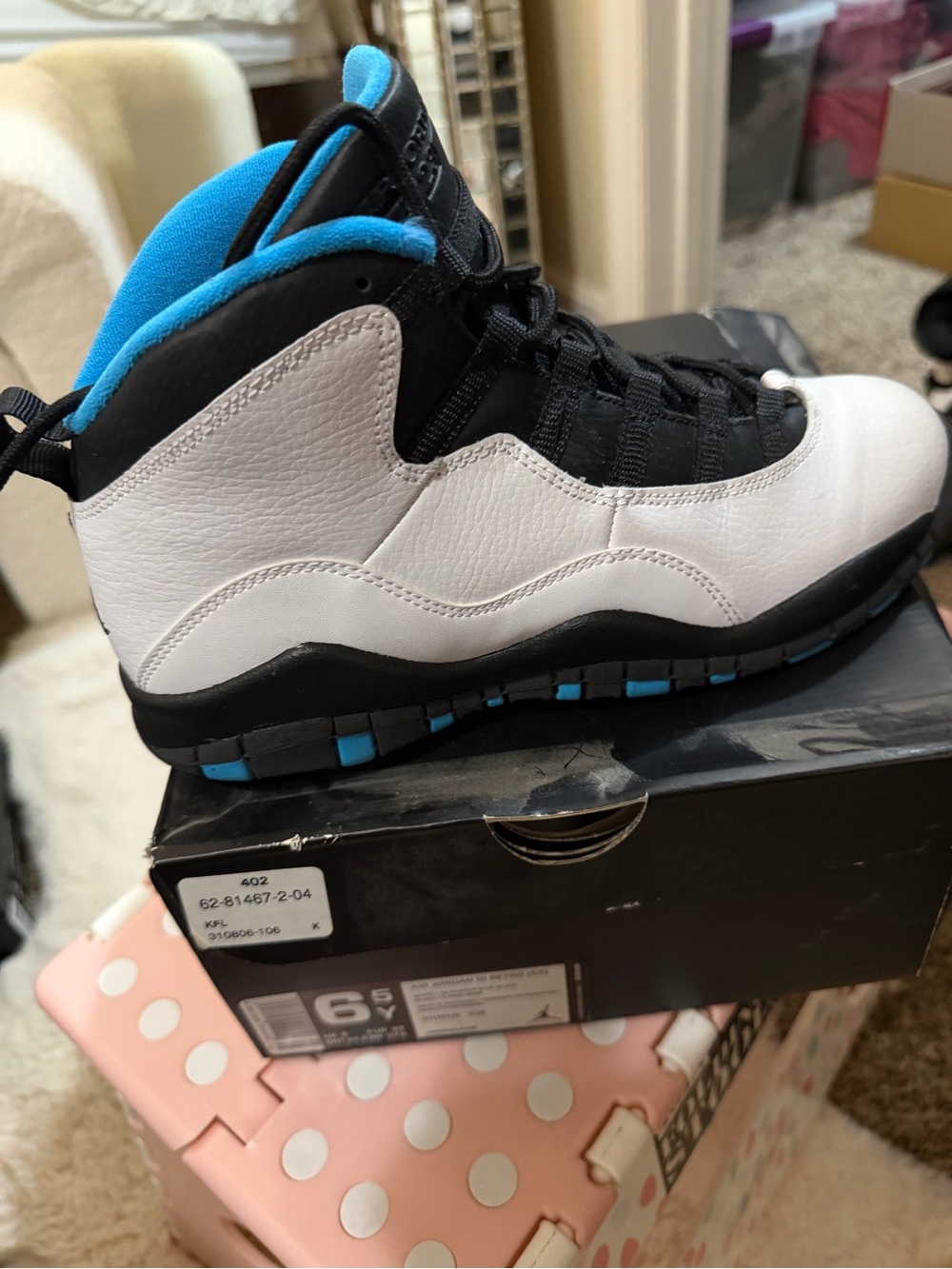 Jordan 7  High-Top Athletic Sneakers in White, Black & Blue